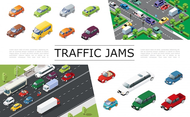 Composizione isometrica ingorgo con trasporto urbano in movimento su automobili stradali di diversi tipi e modelli