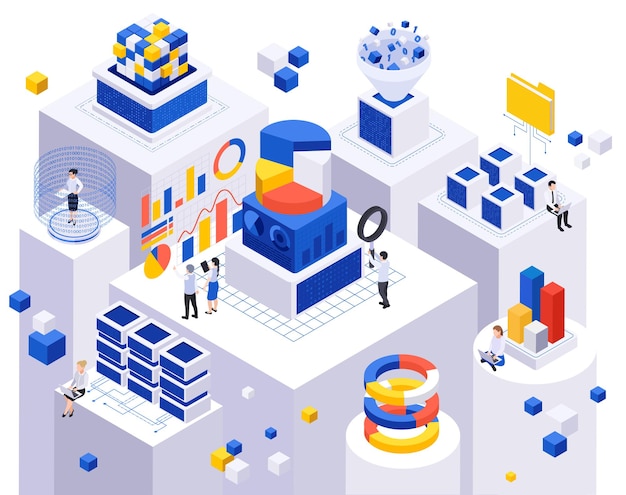 Composizione isometrica nell'economia dei dati con grafici a barre circolari, grafici a barre, spazio di archiviazione del server di cubi volanti e illustrazione vettoriale di caratteri umani