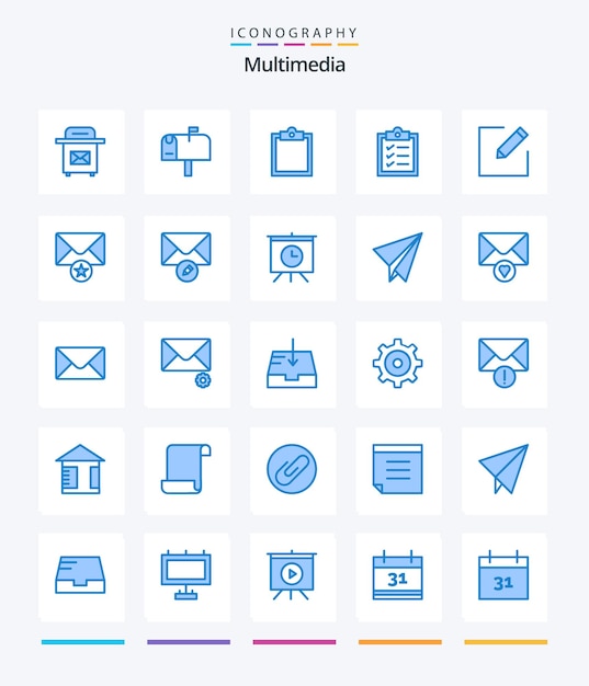 Vettore gratuito creative multimedia 25 pacchetto icone blu come scrivere attività di posta posta stellare