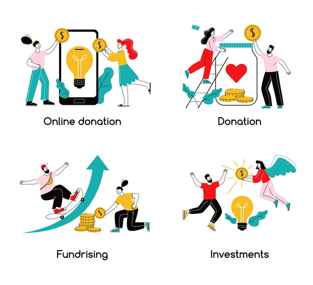 Crowdfunding 2x2 concetto di design donazione online raccolta fondi investimenti donazione composizioni piatte illustrazione