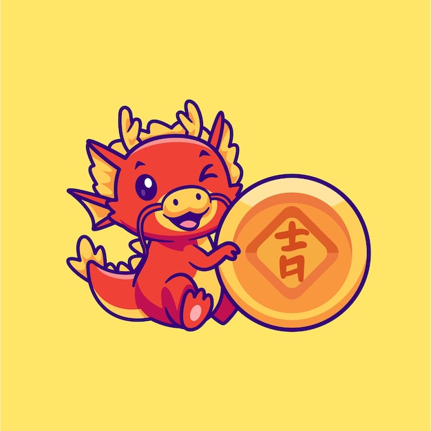 Vettore gratuito cute dragon holding gold coin cartoon vector icon illustration animal finance icon isolated flat