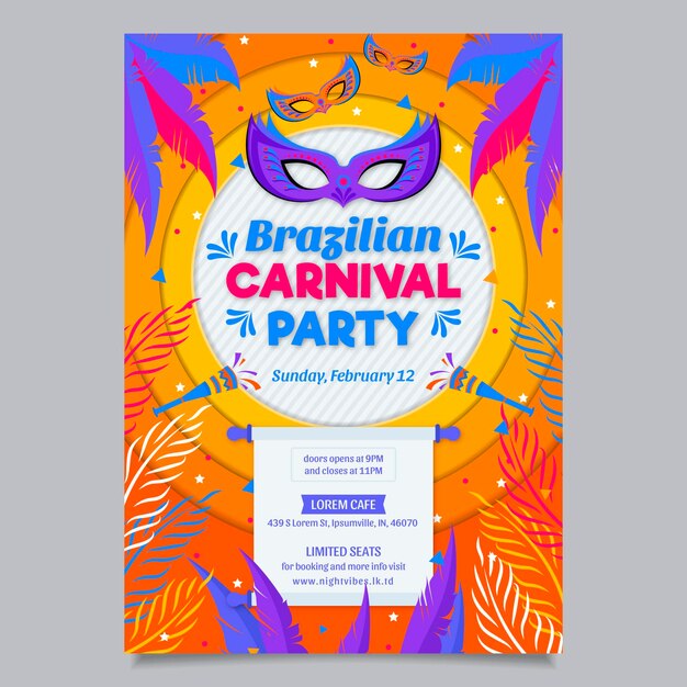 Design piatto del modello del manifesto di carnevale brasiliano