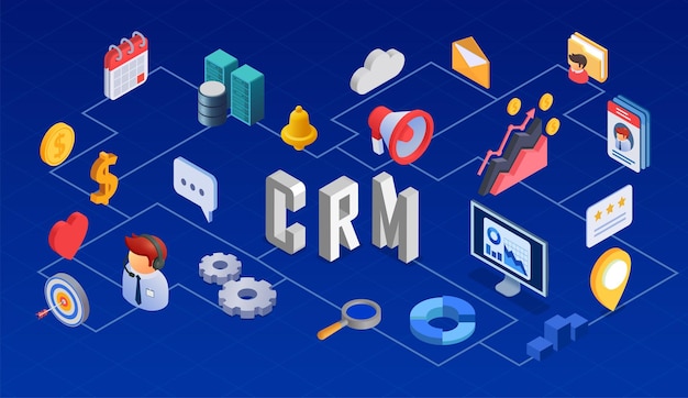 Vettore gratuito diagramma di flusso isometrico crm con illustrazione vettoriale dei simboli di gestione delle relazioni con i clienti