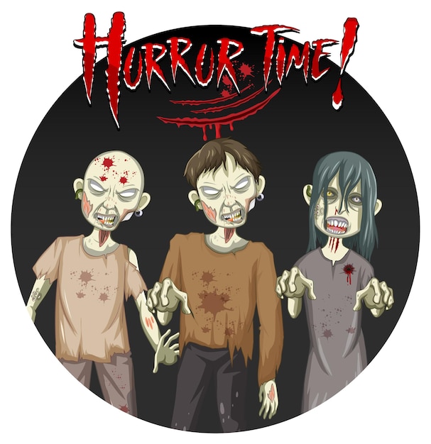 Vettore gratuito disegno del testo horror time con tre zombi raccapriccianti