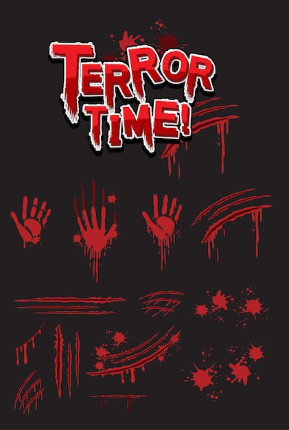 Vettore gratuito disegno di testo di terror time con stampe di mani insanguinate