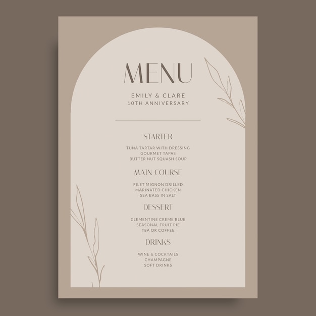 Elegante menu per la cena di anniversario