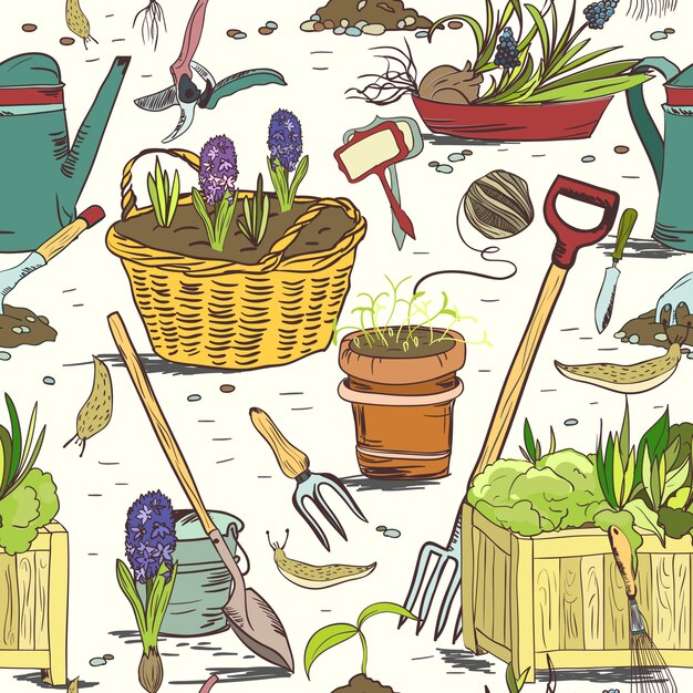 Fondo senza cuciture del modello degli strumenti di giardinaggio