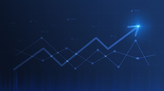 Grafico grafico con il diagramma di investimento finanziario del mercato azionario della freccia su sfondo blu