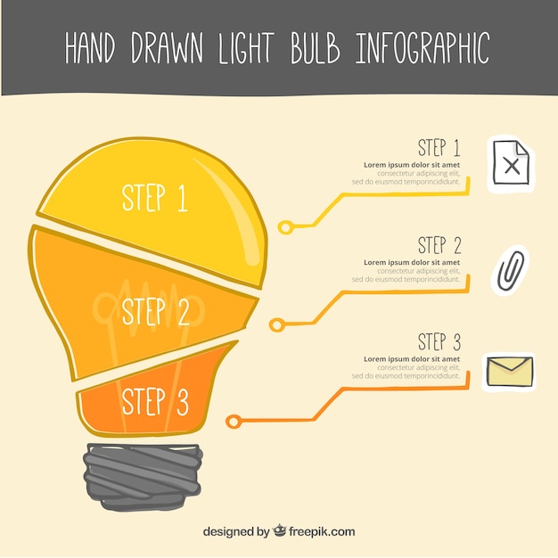 Vettore gratuito hand-drawn lampadina modello infografica con tre gradini