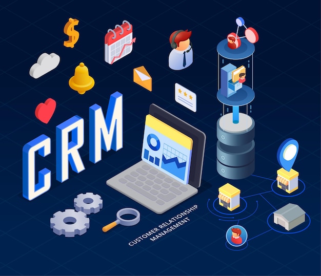 Vettore gratuito il concetto isometrico di crm con l'illustrazione di vettore di simboli di gestione del taccuino e del cliente