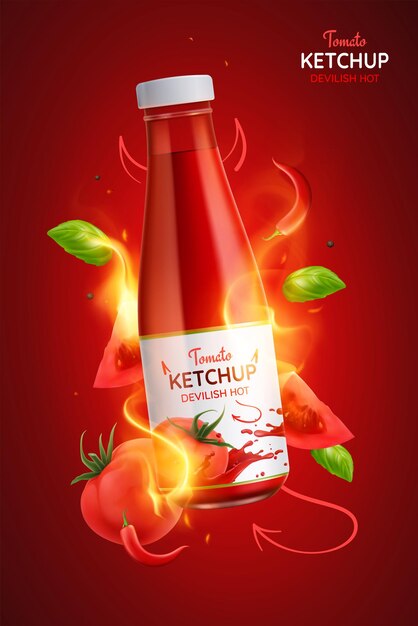 Vettore gratuito illustrazione realistica del manifesto del ketchup piccante caldo diabolico del pomodoro