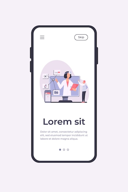 Illustrazione vettoriale di assistenza medica online. Uomo che utilizza l'app per smartphone per consultare il medico. Paziente di sesso maschile in chat con il professionista su internet