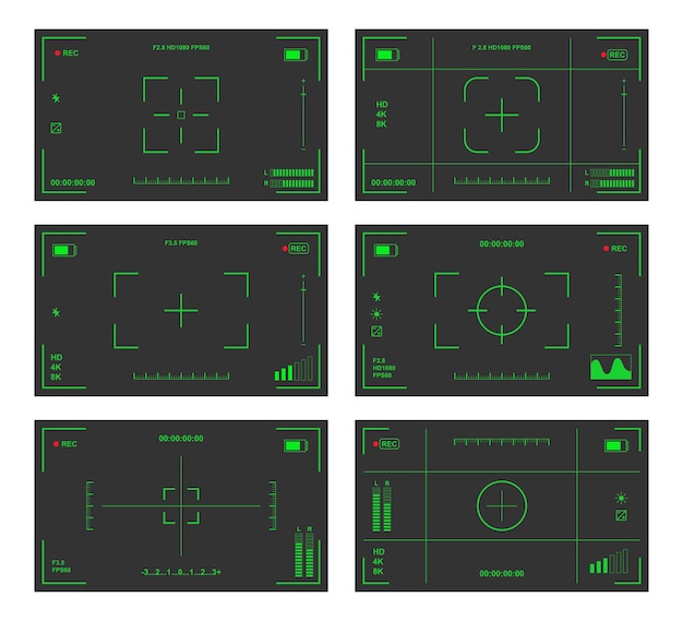 Vettore gratuito insieme dell'illustrazione del fumetto dei mirini della fotocamera. registrazione o ripresa dello schermo della fotocamera con le impostazioni. visualizzazione videocamera. cctv, fotografia, riprese, concetto di cinematografia