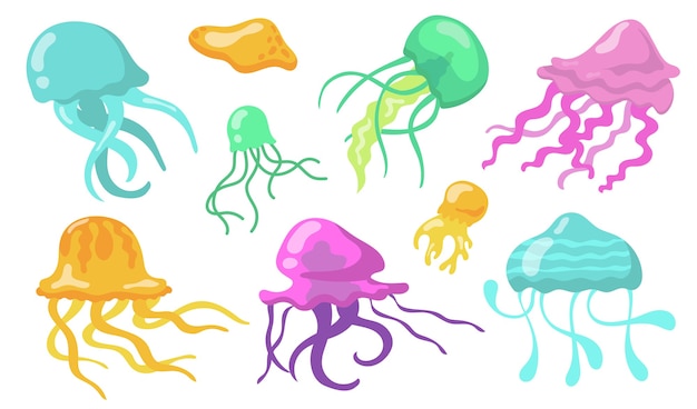 Vettore gratuito insieme delle meduse di nuoto del fumetto. creature marine tropicali trasparenti colorate con tentacoli. illustrazioni vettoriali per mare, oceano, vita sottomarina, pericolo