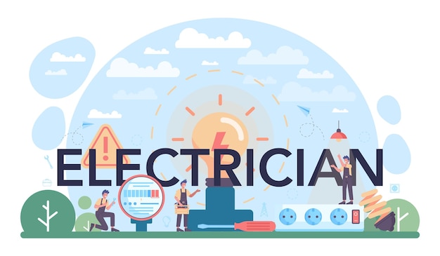 Vettore gratuito intestazione tipografica dell'elettricista l'elettricità lavora l'operatore di servizio nell'elemento elettrico di riparazione uniforme installazione del contatore di riparazione del tecnico e risparmio energetico illustrazione vettoriale piatta