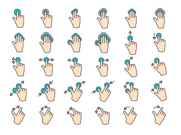 Vettore gratuito l&#39;illustrazione delle mani dello schermo di tocco gesture nella linea sottile