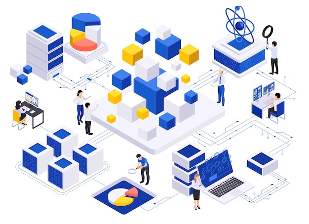 La composizione isometrica dell'economia dei dati con piattaforme isolate collegate con fili caratteri umani e illustrazione vettoriale degli elementi dell'infrastruttura informatica