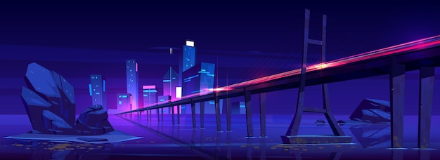 Vettore gratuito luce al neon della città e strada del ponte di velocità sopra il mare paesaggio urbano con paesaggio acquatico linea di movimento sull'autostrada nel metaverso movimento della pista laser speedway per l'illustrazione futuristica e luminosa dello skyline urbano