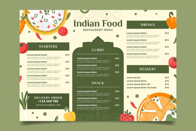 Menu indiano dal design piatto disegnato a mano