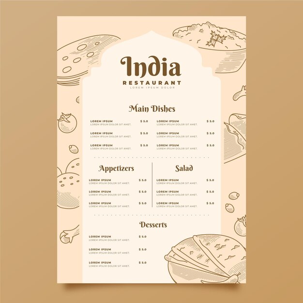 Menu indiano disegnato a mano di incisione