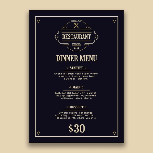 Menu ornamentale per la cena vintage