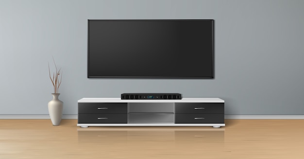 Vettore gratuito mockup realistico di stanza vuota con tv al plasma su muro grigio piatto, sistema home theater