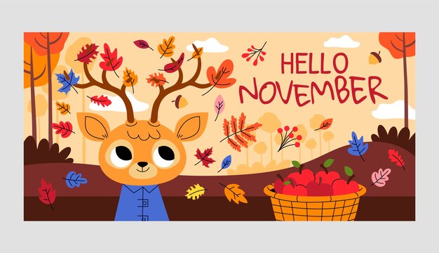 Modello di banner orizzontale piatto ciao novembre per l'autunno