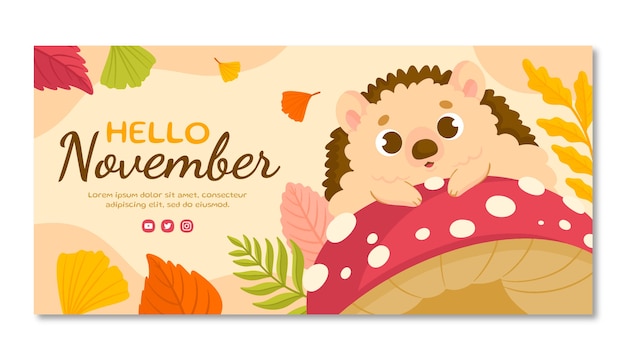 Modello di banner orizzontale piatto ciao novembre