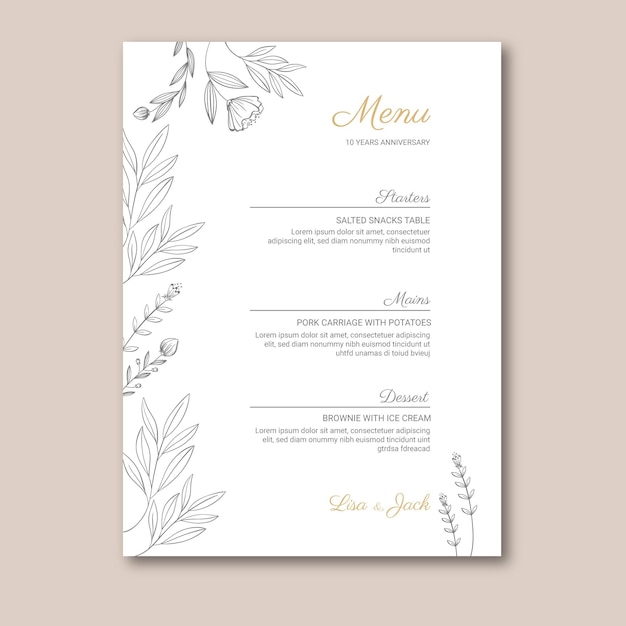 Modello di menu anniversario di matrimonio