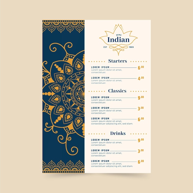 Modello di menu ristorante indiano tradizionale design piatto