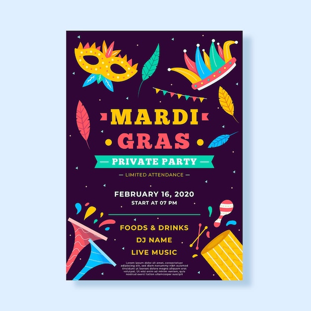 Modello di poster mardi gras design piatto