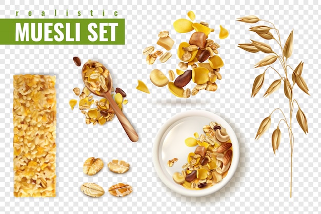 Vettore gratuito muesli realistico sul set trasparente con immagini isolate di diffusione di cereali e barre con testo