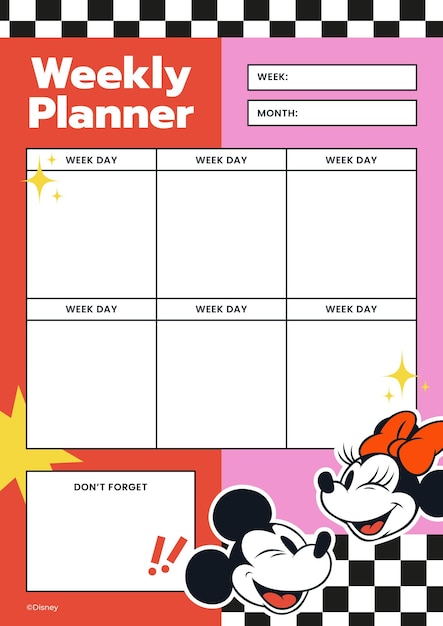 Vettore gratuito planner settimanale minni e mickey mouse