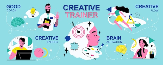 Vettore gratuito poster di trainer creativo con simboli di attivazione cerebrale illustrazione vettoriale piatta