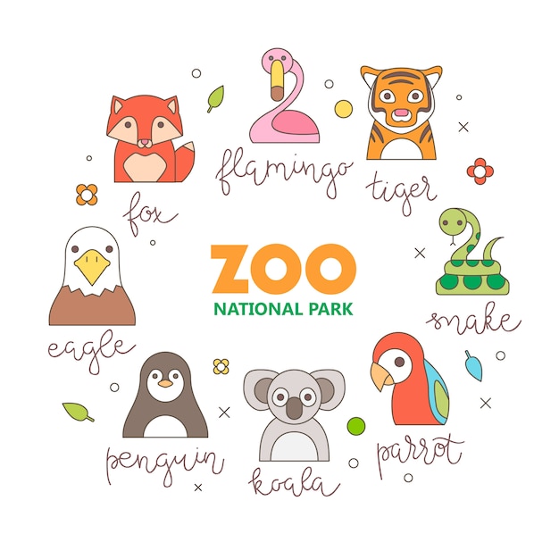 Vettore gratuito ritratto di animali da zoo con design piatto