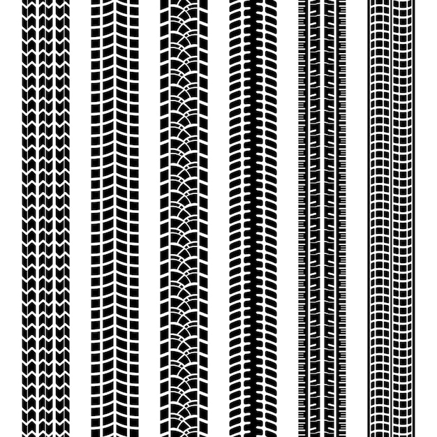 Set di tracce di pneumatici in bianco e nero o stampe lasciate nel fango sporco o nella neve dai battistrada sui pneumatici dei modelli vettoriali senza soluzione di continuità del veicolo o della macchina