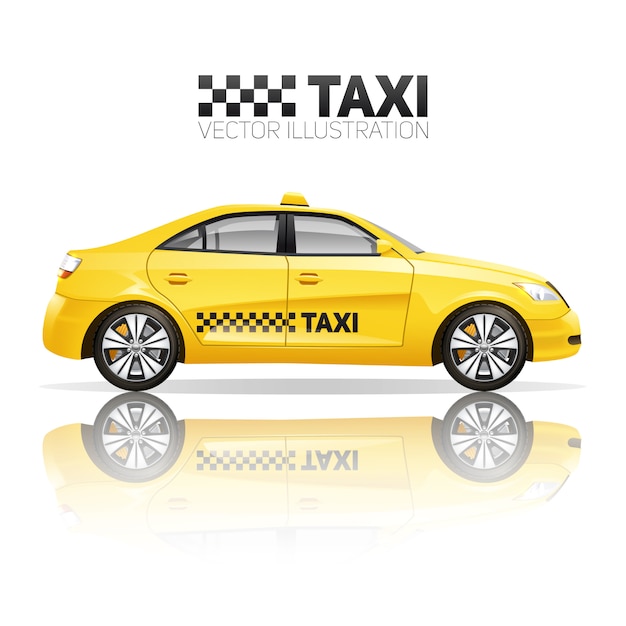 Taxi poster con auto di servizio pubblico giallo realistico con la riflessione