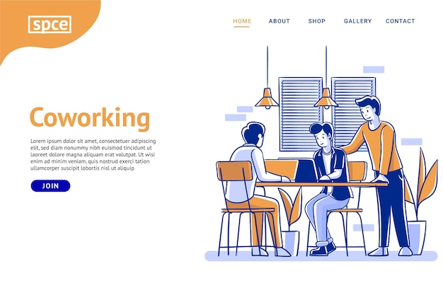 Ufficio di coworking pagina di destinazione disegnata a mano piatta