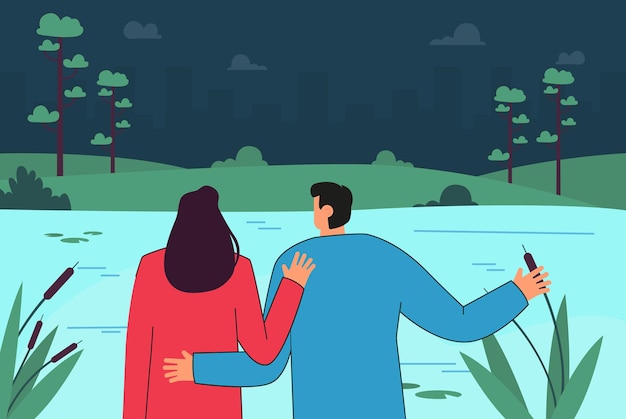 Vettore gratuito vista posteriore delle coppie davanti al lago di notte. fidanzato e fidanzata in data in natura piatta illustrazione vettoriale. amore, romanticismo, concetto di campeggio per banner, design di siti web o pagine web di destinazione