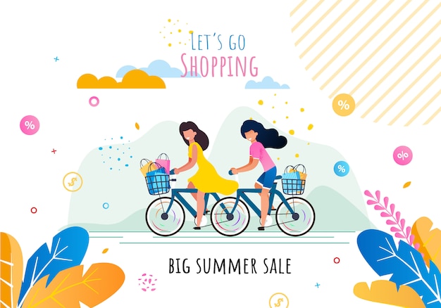 Andiamo a fare shopping con la motivazione per le vendite estive. Cartone animato Happy Smiling Women Riding Bicycles with Baskets Pieno di acquisti in sacchetti di carta Shop.