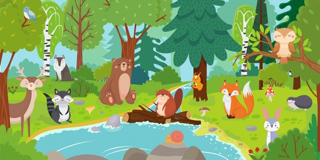 Vettore animali della foresta del fumetto. l'orso selvaggio, lo scoiattolo divertente e gli uccelli svegli sugli alberi forestali scherzano l'illustrazione del fondo di vettore