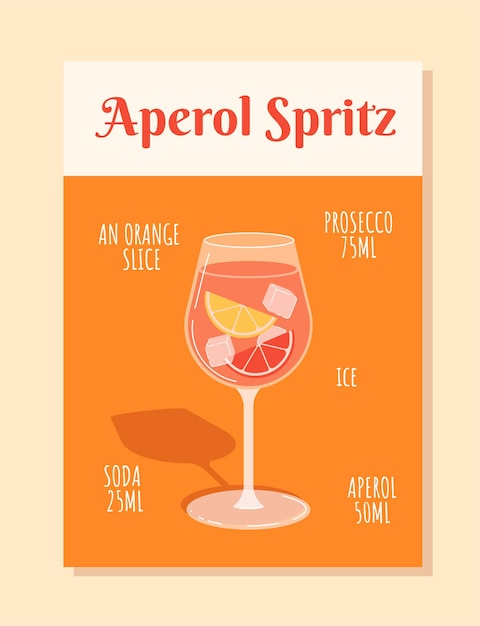 Vettore aperol spritz intgredients concept fetta d'arancia prosecco soda e poster di ghiaccio aperol con cocktail dentro