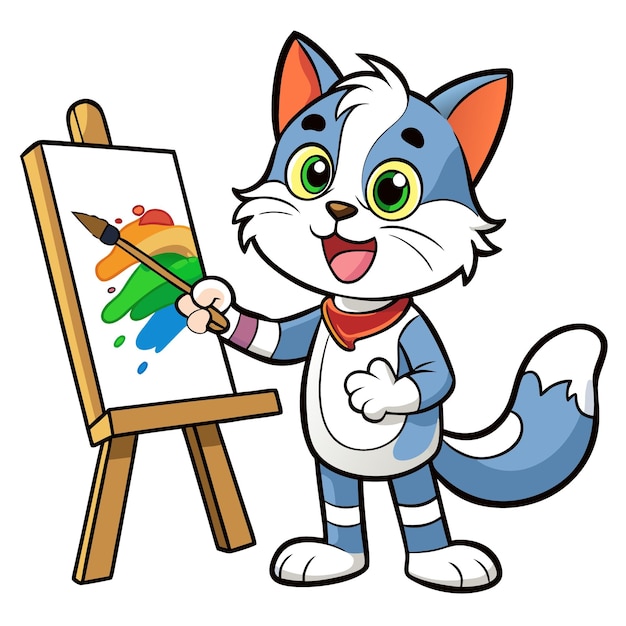 Vettore artista di anime gatto che dipinge un capolavoro colorato su una tela con spruzzi di vernice sulla sua pelliccia e un