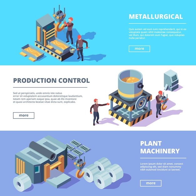 Banner di metallurgia. Modello di illustrazioni vettoriali per l'industria manifatturiera di attrezzature pesanti in acciaio e lavoratori. Industria di produzione, fonderia manifatturiera e industriale