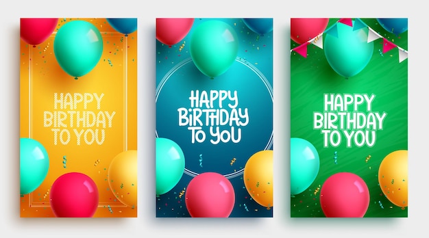 Buon compleanno poster set disegno vettoriale. Raccolta di testo di auguri di compleanno con palloncini