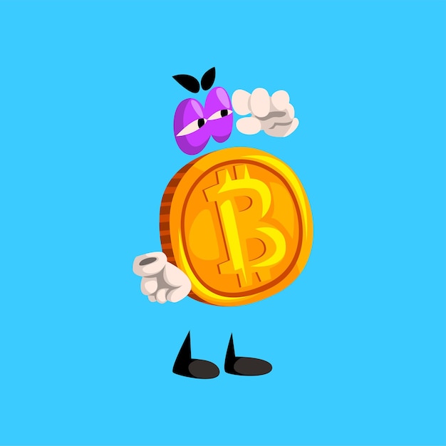 Carattere di bitcoin, divertente crypto valuta emoticon vettoriale illustrazione isolato su sfondo blu cielo.