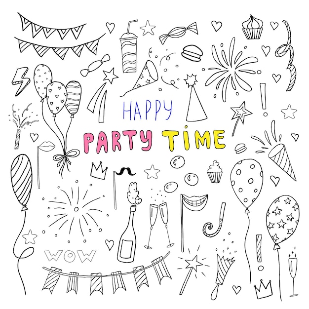 Vettore cartoon celebrazione clipart impostato in stile doodle tempo di festa clipart con delizioso champagne