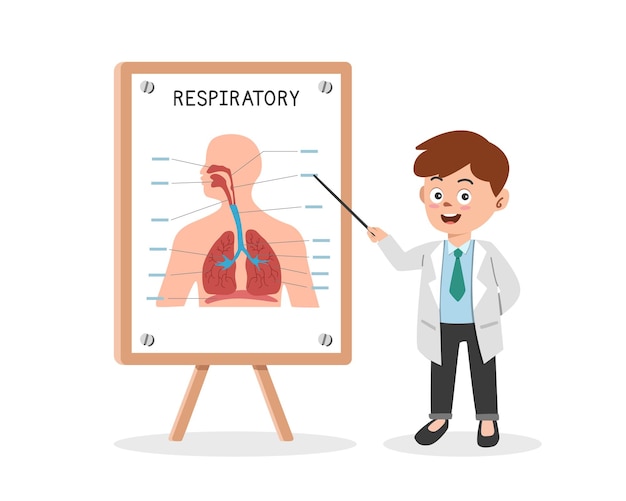 Cartoon clipart del sistema respiratorio Dottore che presenta il vettore del seminario medico del sistema respiratorio umano