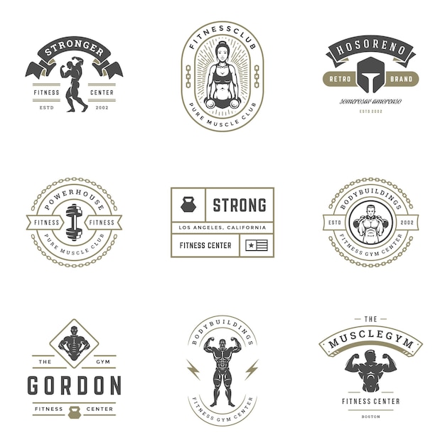 Centro di fitness e palestra sportiva loghi e badge disegno set illustrazione vettoriale