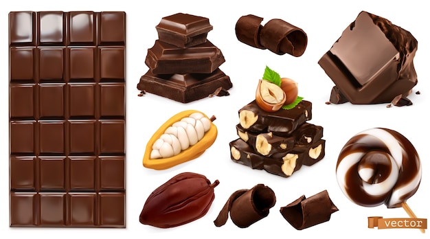 Cioccolato realistico. Tavoletta di cioccolato, caramelle, pezzi, trucioli, fave di cacao e nocciole.